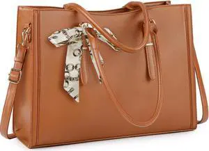 Laptop Bag for Women 15.6 inch Waterproof Laptop Tote Work Bag Leather Computer Tote Briefcase Bag Office Professional Large Capacity Handbag School Shoulder Bag Brown