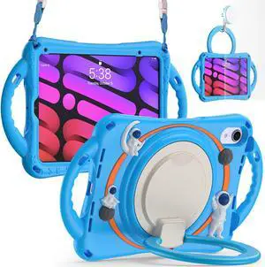 GooodiDEAR iPad Mini 6 Kids Case - iPad Mini 6th Generation Case, Shockproof Protection, 360° Rotating Grip, Foldable Handle, Kickstand, with Carrying Strap - Space Astronaut Theme Light Blue