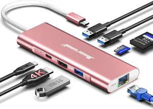 Hiearcool USB C Hub Ethernet, 8in1 USB C Hub Multi-port Adapter, USB C to HDMI Docking Station Type C Adapter USB C Dongle Compatible for MacBook Dell XPS HP ASUS and More USB C Devices-Rose Gold