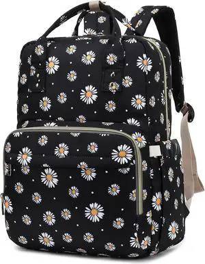 Kouxunt Daisy Black Laptop Backpack College Bookbag School Backpack for Women Girls, Travel Backpack 15.6 Inch Computer Backpacks