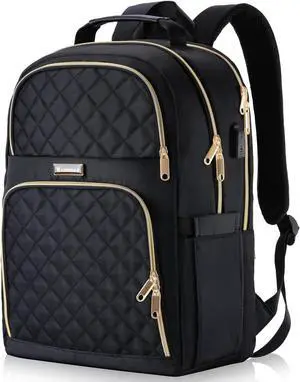 Kuosdaz Backpacks for Women, School Backpack for Teen Girls, 15.6 Inch Cute Quilted Laptop Backpack with USB Charging, Large Bookbag for Middle School College Students, Black