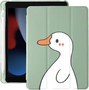 Cute Kawaii Duck for iPad 7th/8th/9th Generation Case with Pencil Holder, Auto Sleep/Wake, Green Leather with Clear Soft TPU Back Cover for iPad 10.2 Inch 2019/2020/2021