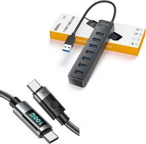 USB C to USB C Cable PD 100W with Led Display & 7 Ports USB Hub 3.0