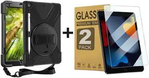 ZenRich Bundle for iPad 9th/8th/7th Gen 10.2'': 2-Pack Anti-Glare Tempered Glass Screen Protectors &Rugged Full-Body Case, Black