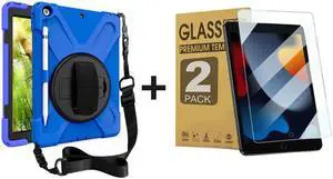 ZenRich Bundle for iPad 9th/8th/7th Gen 10.2'': 2-Pack Anti-Glare Tempered Glass Screen Protectors &Rugged Full-Body Case, Blue