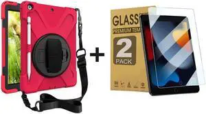 ZenRich Bundle for iPad 9th/8th/7th Gen 10.2'': 2-Pack Anti-Glare Tempered Glass Screen Protectors &Rugged Full-Body Case, Red