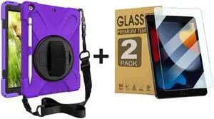 ZenRich Bundle for iPad 9th/8th/7th Gen 10.2'': 2-Pack Anti-Glare Tempered Glass Screen Protectors &Rugged Full-Body Case, Purple