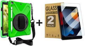 ZenRich Bundle for iPad 9th/8th/7th Gen 10.2'': 2-Pack Anti-Glare Tempered Glass Screen Protectors &Rugged Full-Body Case, Green