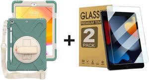 ZenRich Bundle for iPad 9th/8th/7th Gen 10.2'': 2-Pack Anti-Glare Tempered Glass Screen Protectors &Rugged Full-Body Case, Emerald Green
