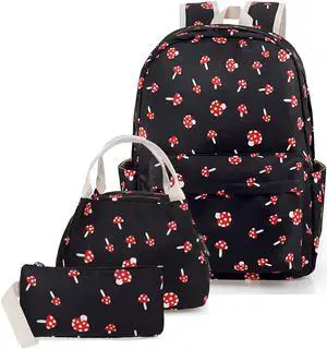 Junlion Mushroom School Bag 3-in-1 Kids Bookbag Set, Laptop Backpack Lunch Bag Pencil Case Gift for Teen Girls Womens