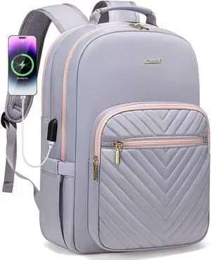 LOVEVOOK Laptop Backpack for Women 15.6 inch,Cute Travel Carry on Backpack Purse,Professional Computer Bag,Waterproof Work Business College Teacher Bag with USB Port,Grey Pink