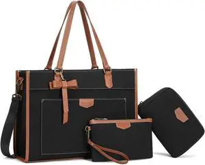 Keyli Laptop Tote Bag Canvas Laptop Bag for Women 15.6 inch Casual Work Shoulder Bags Large Capacity Professional Business Office Computer Briefcase Handbag Purses for Travel, Office, School Black