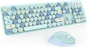 Wireless Keyboard and Mice Combo,Retro Round Keys Full-Sized Cute Keyboard, 2.4Ghz Dropout-Free Connection and Optical Mouse for Windows, Mac, PC, Laptop, Desktop (Blue-Colorful)