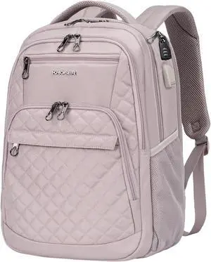 KROSER Travel Laptop Backpack 17 Inch Large Computer Backpack Water-Repellent Daypack with USB Charging Port & Headphone Interface RFID Pockets for Work/Business/College/Men/Women Dusty Pink(Quilted)
