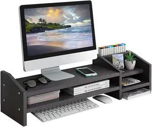 KUAIYU Computer Monitor Riser, 2 Tier Wooden Stand With Two Layer Storage Rack, Black Desktop Organizer for PC/Laptop, Home & Office
