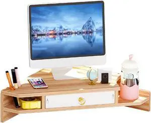 KUAIYU Triangle Monitor Stand Riser,Cut Triangle Save Space Desktop Corner,Desktop corner shelf with drawers wooden computer stand with storage laptop risers office organization. (Have drawers)