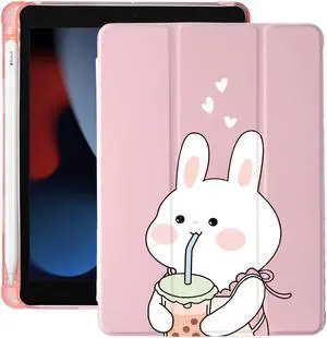 Cute Kawaii Bunny for iPad 10th Generation Case 10.9 Inch 2022 with Pencil Holder, Auto Sleep/Wake, Pink Leather Soft TPU Back Cover