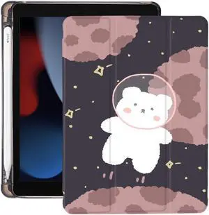 Cute Kawaii Bear for iPad 10th Generation Case 10.9 Inch 2022 with Pencil Holder, Auto Sleep/Wake, Black Leather Soft TPU Back Cover