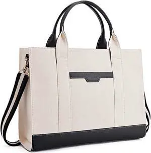 Missnine Tote Bag Canvas Laptop Bag 15.6 inch Briefcase for Women Large Capacity Handbag for Office, College, Travel (Black+Beige)