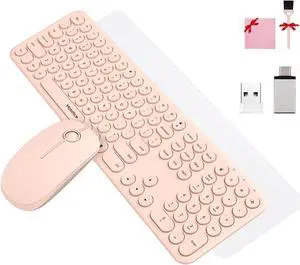 Mobifice Cute Keyboard and Mouse Wireless for PC Computer/Laptop/Windows/Mac/Tablets, Ultra-Thin 2.4GHz USB Cordless Full-Sized Silent Retro Computer Keyboard Mouse Combo (Pink)