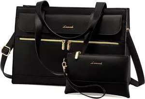 LOVEVOOK Laptop Tote for Women - 15.6 Inch Professional Leather Computer Briefcase, Waterproof Handbag, Large Capacity Business Teacher Office Bag, Crossbody Purse - Black