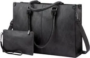 LOVEVOOK Laptop Tote Bag for Women, 15.6 Inch Large Capacity Vintage Leather Work Computer Bag, Business Casual Shoulder Handbag, Dark Grey