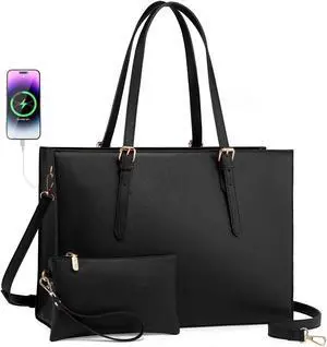 LOVEVOOK Laptop Tote Bag for Women, Large Briefcase for 15.6 Inch Computer Waterproof PU Leather Shoulder Bag with USB Charging Port, Business Office Work Shoulder Handbag Purse 2Pcs Set, Black