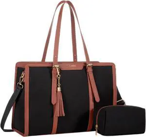 LOVEVOOK Laptop Bag for Women 15.6 inch Lightweight Canvas Laptop Tote Bag, Large Capacity Computer bag with Clutch Purse for Business, Work, Office, Travel, School(Black & Brown,15.6 Inch)