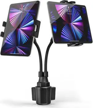 Phichy Dual Cup Holder Tablet Car Mount for 4.7"-12.9" Phone & iPad - Gooseneck Double Tablet Mount for Car, Cup Car Tablet Holder Stand Compatible with iPad Pro/Air/Mini, Galaxy Tabs, iPhone, Tablets