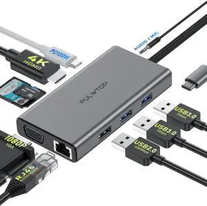 PULWTOP Laptop Docking Station 10 in 1 USB C Hub Multiport Adapter, 1*HDMI 4K 30Hz,VGA, Ethernet, USB 3.0, USB A 2.0, TF/SD, Audio, MacBook Dongle for MacBook Dell Hp Lenovo Laptop Type C Devices