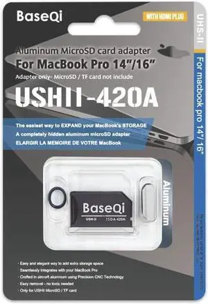 BASEQI UHS-II Aluminum microSD Adapter for 2021 M1 MacBook Pro 14 & 16" (Silver + HDMI Dust Plug)