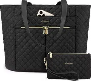 LOVEVOOK Laptop Bag for Women 15.6 inch,Diamond Quilted Work Tote Bags Womens Laptop Tote Bag Computer Shoulder Bags,Stylish Travel Tote Bags Laptop Purse Case Briefcase Handbag with Clutch Bag,Black
