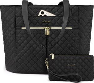 LOVEVOOK Laptop Bag for Women 17 inch,Diamond Quilted Work Tote Bags Womens Laptop Tote Bag Computer Shoulder Bags,Stylish Travel Tote Bags Laptop Purse Case Briefcase Handbag with Clutch Purse,Black