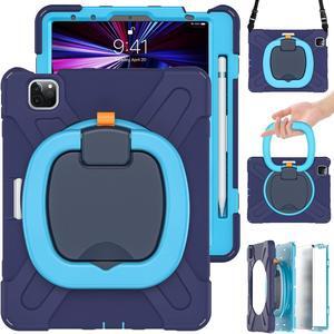 MEEgoodo Case for iPad Pro M2 12.9 Case 6th/5th/4th/3rd Generation 2022 2021 2020 2018, Tablet Cover with Pencil Holder/Rotating Stand/Shoulder Strap for Kids, Navy Blue