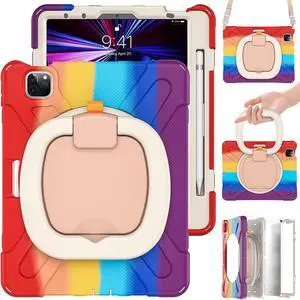 MEEgoodo Case for iPad Pro M2 12.9 Case 6th/5th/4th/3rd Generation 2022 2021 2020 2018, Tablet Cover with Pencil Holder/Rotating Stand/Shoulder Strap for Kids, Colourful Red