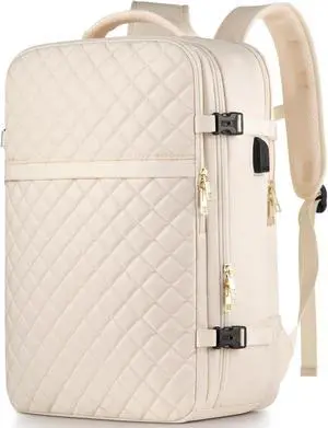 MOMUVO Large Travel Backpack Women, Flight Approved Carry On Backpack, Water Resistant Anti-Theft Large Casual Daypack Fit 17 Inch Laptop with USB Charging Port, Beige