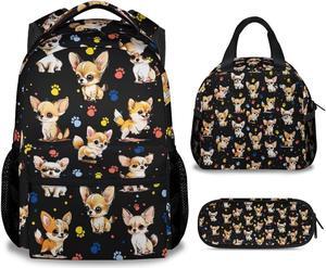 NICEFORNICE Chihuahua Dog Kids Backpack with Lunch Box, Set of 3 School Backpacks Matching Combo, Cute Black Bookbag and Pencil Case Bundle