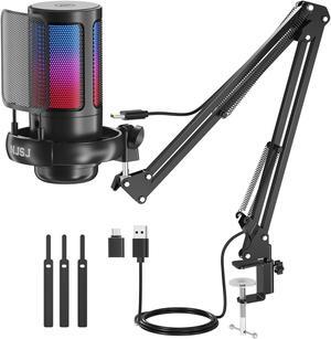 NJSJ USB Gaming Microphone for PC, Condenser Mic with Boom Arm for PS4/ PS5/ Mac/Phone with Touch Mute, RGB Lighting,Gain knob & Monitoring Jack for Streaming,Podcasting,YouTube