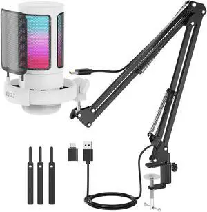 NJSJ USB Gaming Microphone for PC, Condenser Mic with Boom Arm for PS4/ PS5/ Mac/Phone with Touch Mute, RGB Lighting,Gain knob & Monitoring Jack for Streaming,Podcasting,YouTube