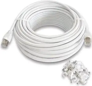 NTZNDZ 130ft White Outdoor Cat5e Ethernet Cable - Waterproof Double Jacket Cord, Direct Burial, UTP, High-Speed, POE Compatible, Weatherproof & UV Resistant, Heavy-Duty, with Wall Mounting Clips