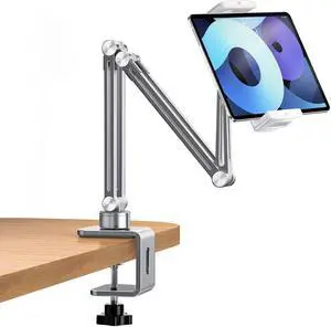 OATSBASF Phone and Tablet Holder Bed Gooseneck Mount, Aluminum Long Arm Foldable Lazy Stand, Universal 360 Degree Rotatable for iPhone, iPad, Tablet-Silver