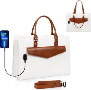 Laptop Tote Bag for Women, 17 Inch Laptop Bag Waterproof Leather Computer Tote Bag, Large Work Bag with USB Charging Port, Womens Laptop Briefcase Business Office Handbag Work Shoulder Bag, White