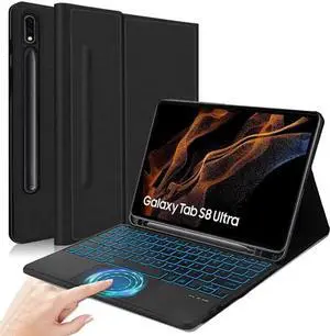 QYiiD Backlit Touchpad Keyboard Case for Galaxy Tab S10 Ultra/S9 Ultra/S8 Ultra, PU Leather Stand Cover with S Pen Holder & 7 Colors Backlight Keyboard for 14.6" Tab S8/S9/S10 Ultra, Black