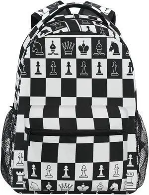 QUGRL Black White Chessboard School Backpack for Girls Boys with Pieces Large Bookbag Laptop Computer Bag Casual Hiking Travel Daypack Backpack Schoolbag for Teens College 16 Inch