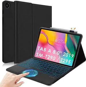 QYiiD Touchpad Galaxy Tab A 8.0 2019 Keyboard Case SM-T290, 7 Color Backlight Detachable Wireless Bluetooth Keyboard Multi-Angles Stand Protective Cover with S Pen Holder for Galaxy Tab A 8.0, Black