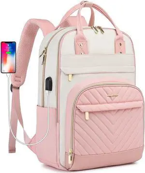 bagswan Laptop Backpack for Women Work - 15.6 Inch Travel Backpack Fashion Work Business Backpacks Purse Warterproof College Teacher Nurse Computer Daypack Beige Pink