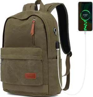 UNIWALK Canvas Backpack - Waterproof Computer Bag With USB Charging Port, Vintage Durable Travel Pack for College, Work, Men & Women - Fits 15.6 Inch Laptop (Green)