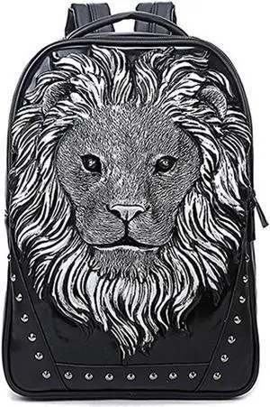 seamand Personalized 3D Lion PU Leather Casual Laptop Backpack for Men Durable Travel Daypack (Silver color)