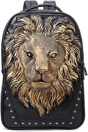 seamand Personalized 3D Lion PU Leather Casual Laptop Backpack for Men Durable Travel Daypack (Gold color)
