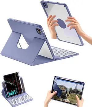 SENLAN Rotatable iPad 10.2 '' 7th/ 8th/ 9th Generation Keyboard case Magnet Detachable Transparent Back Cover iPad7 8 9 Bluetooth Keyboard with Pencil Holder Horizontal/Vertical Stand (Purple Gary)